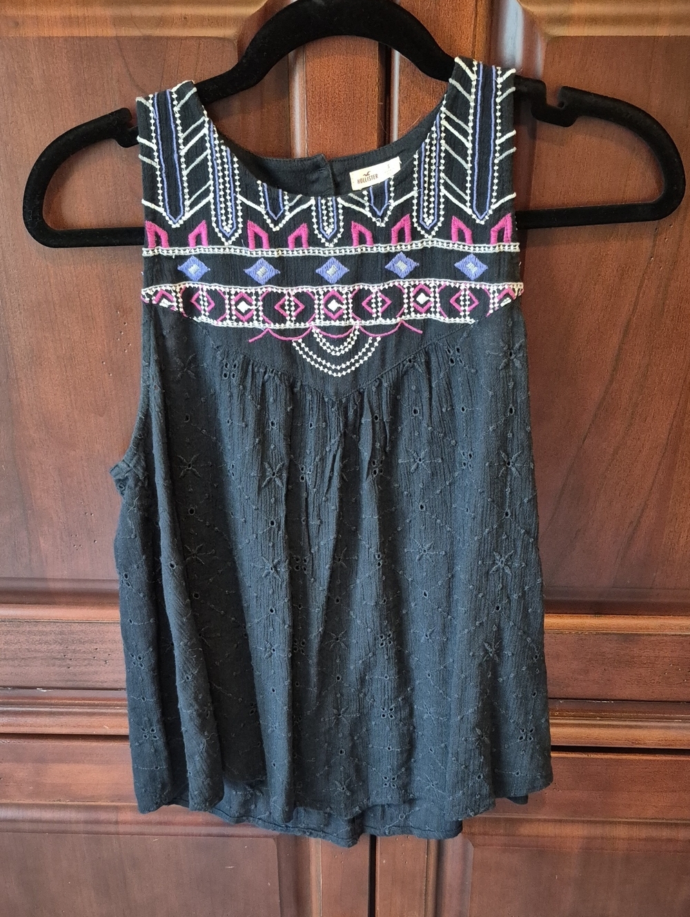 Hollister Black Eyelet Tank with Pink & Blue Embroidery